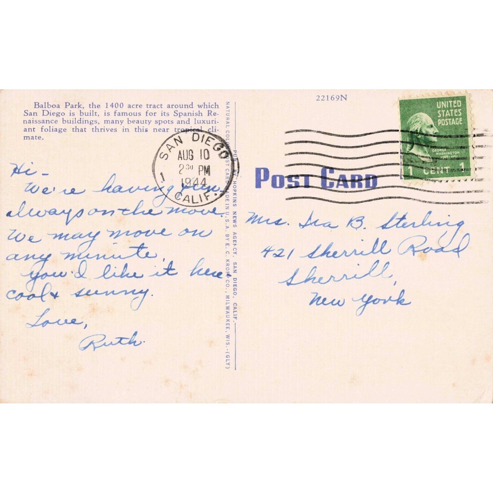 Vintage 1944 Cabrillo Bridge California Tower Balboa Park San Diego Postcard 52 - Picture 2 of 2